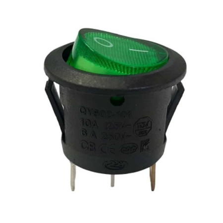 Intrerupatoare si comutatoare de circuit - Intrerupator rocker rotund iluminat verde ON–OFF cu mentinere, 6A 250V AC, Ø20x23 mm, montaj panou, QY602-101N-G