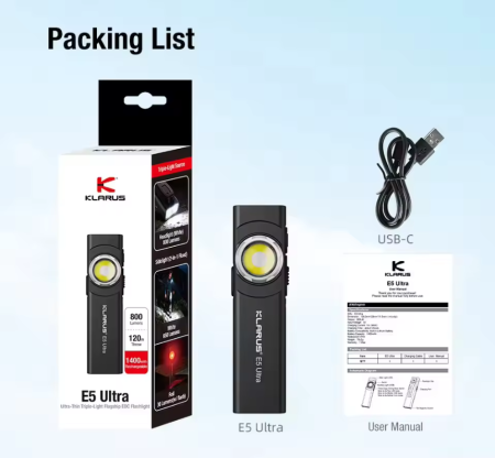 Lanterna EDC Klarus E5 Ultra, 800 lumeni, 3 surse de lumina, acumulator 1400mAh, USB-C, magnet, clema, negru, IPX4 [13]