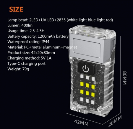 Lanterna LED multifunctionala EDC KXK-1086, 400 lm, cap rotativ 90°, UV, lumini rosu/albastru/alb, 1200mAh, magnet,  suport cap, USB-C, IP44, fluorescent [14]