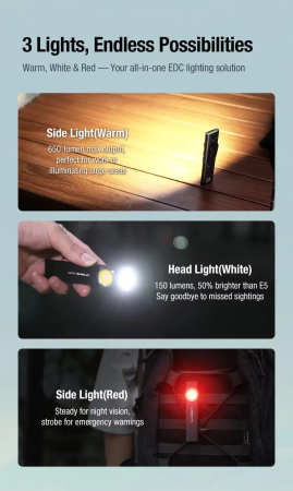 Lanterna EDC Klarus E5 Plus, 650 lumeni, 3 culori de lumina, dual switch, USB-C, acumulator 500mAh, baza magnetica, gri, IPX4 [4]
