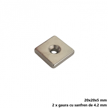 Magnet neodim 20x20x5 mm, 2 x gaura de 4.2 mm cu sanfren, patrat, argintiu, N35 [1]