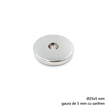 Magnet neodim 25x5 mm, gaura de 5 mm cu sanfren, disc, N35 [1]