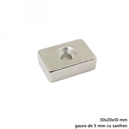 Magnet neodim 30x20x10 mm, gaura de 5 mm cu sanfren, dreptunghi, N35 [1]