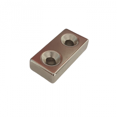 Hobby si gadgeturi - Magnet neodim 40x20x10 mm, 2 x gaura de 5.5 mm cu sanfren, dreptunghiular, argintiu, N35