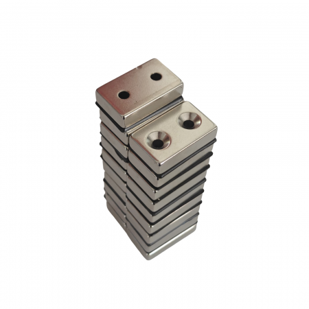 Magnet neodim 40x25x10 mm, 2 x gaura de 5.5 mm cu sanfren, dreptunghiular, argintiu, N35 [4]
