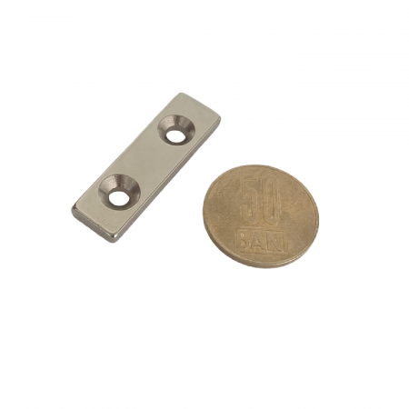 Magnet neodim 40x12x4 mm, 2 x gaura de 4.5 mm cu sanfren, dreptunghiular, argintiu, N35 [4]