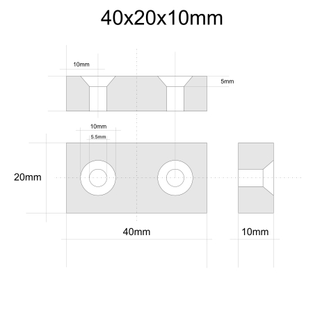 Magnet neodim 40x20x10 mm, 2 x gaura de 5.5 mm cu sanfren, dreptunghiular, argintiu, N35 [1]