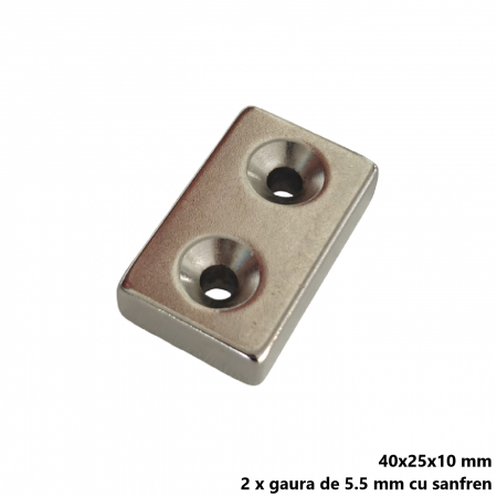 Magnet neodim 40x25x10 mm, 2 x gaura de 5.5 mm cu sanfren, dreptunghiular, argintiu, N35 [1]