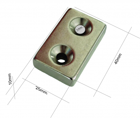 Magnet neodim 40x25x10 mm, 2 x gaura de 5.5 mm cu sanfren, dreptunghiular, argintiu, N35 [2]