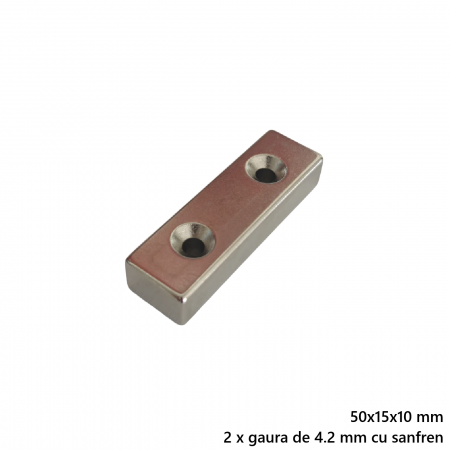 Magnet neodim 50x15x10 mm, 2 x gaura de 4.2 mm cu sanfren, dreptunghiular, argintiu, N35 [1]
