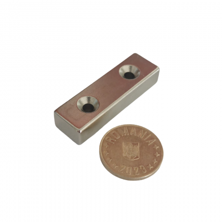 Magnet neodim 50x15x10 mm, 2 x gaura de 4.2 mm cu sanfren, dreptunghiular, argintiu, N35 [2]