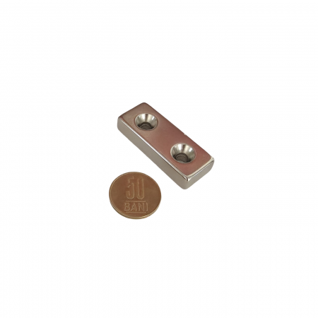 Magnet neodim 50x20x10 mm, 2 x gaura de 5.5 mm cu sanfren, dreptunghiular, argintiu, N35 [4]