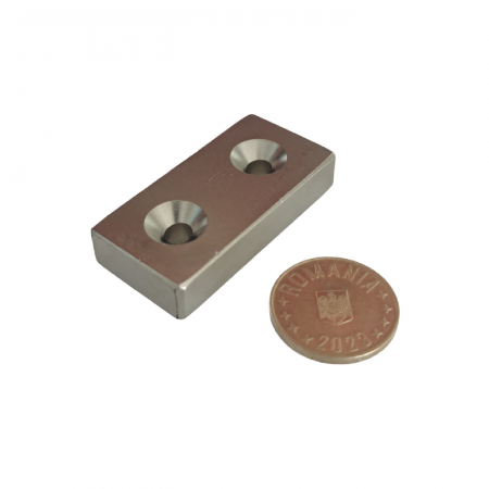 Magnet neodim 50x25x10 mm, 2 x gaura de 5.5 mm cu sanfren, dreptunghiular, argintiu, N35 [3]