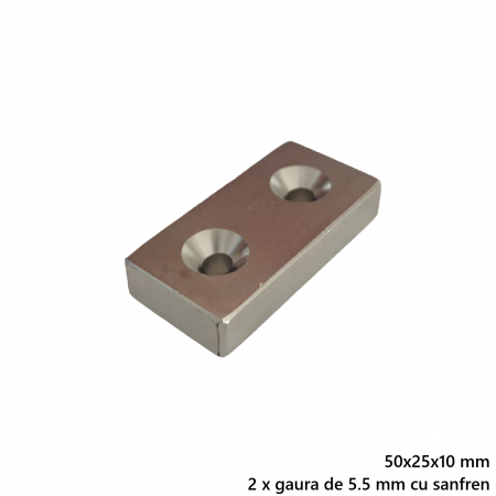 Magnet neodim 50x25x10 mm, 2 x gaura de 5.5 mm cu sanfren, dreptunghiular, argintiu, N35 [2]