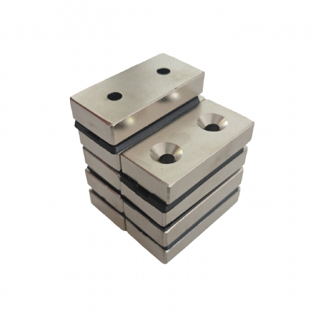 Magnet neodim 50x25x10 mm, 2 x gaura de 5.5 mm cu sanfren, dreptunghiular, argintiu, N35 [4]