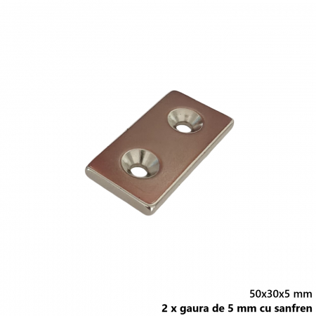 Magnet neodim 50x30x5 mm, 2 x gaura de 5 mm cu sanfren, dreptunghiular, argintiu, N35 [2]