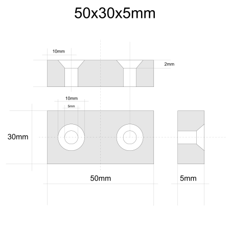 Magnet neodim 50x30x5 mm, 2 x gaura de 5 mm cu sanfren, dreptunghiular, argintiu, N35 [1]