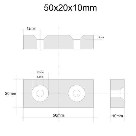 Magnet neodim 50x20x10 mm, 2 x gaura de 5.5 mm cu sanfren, dreptunghiular, argintiu, N35 [1]