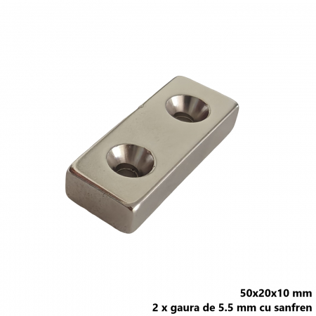 Magnet neodim 50x20x10 mm, 2 x gaura de 5.5 mm cu sanfren, dreptunghiular, argintiu, N35 [2]
