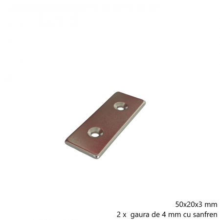 Magnet neodim 50x20x3 mm, 2 x gaura de 4 mm cu sanfren, dreptunghiular, argintiu, N35 [1]