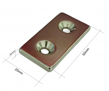 Magnet neodim 50x25x5 mm, 2 x gaura de 5.5 mm cu sanfren, dreptunghiular, argintiu, N35 [1]