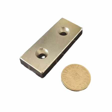Magnet neodim 60x25x10 mm, 2 x gaura de 5.5 mm cu sanfren, dreptunghiular, argintiu, N35 [3]