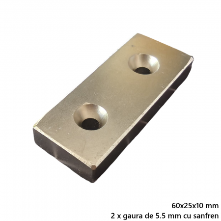 Magnet neodim 60x25x10 mm, 2 x gaura de 5.5 mm cu sanfren, dreptunghiular, argintiu, N35 [2]