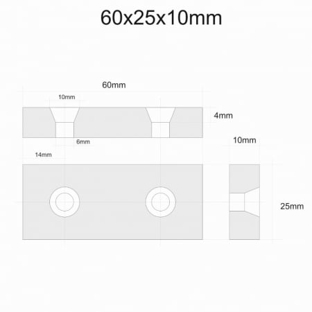 Magnet neodim 60x25x10 mm, 2 x gaura de 5.5 mm cu sanfren, dreptunghiular, argintiu, N35 [1]