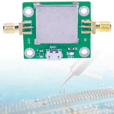 Amplificator RF LNA 50MHz–6GHz cu alimentare USB, castig 20dB, zgomot redus, conectori SMA [1]