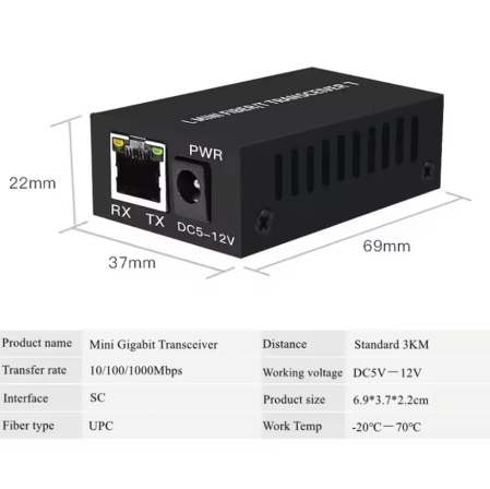 Mini media converter Gigabit Ethernet – fibra optica SC/UPC, Single Mode, 10/100/1000 Mbps, 3 km, DC 5–12V [3]