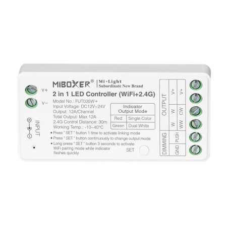 Controler LED MiBoxer, FUT035W+, 2 in 1, WiFi + 2.4GHz, Monocrom si CCT, 12A, 12–24V, Tuya [1]