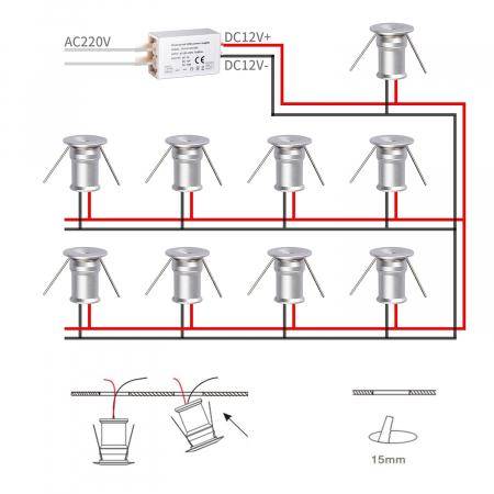 Pachet 9 buc spot LED ingropat, 120 grade, alb cald, 12 VDC 1W, minimodul12VWW [2]