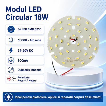 Modul LED circular 18W pentru plafoniera si aplica, 36 LED SMD 5730, alb rece 6000K, 54-60V DC, 300mA, 100 mm [1]