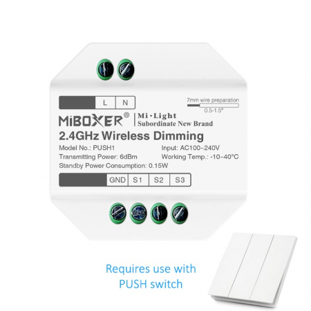 Controllere - Modul wireless MiBoxer PUSH1, pentru intrerupator clasic cu revenire, dimmer RGB+CCT, 2.4GHz, AC100-240V, dimming 0.1-100%, RF control 30m, montaj in priza clasica, alb