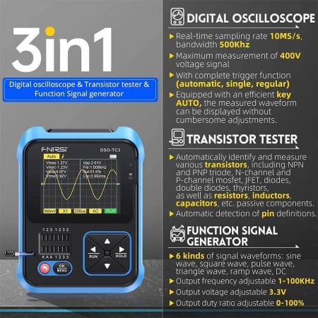 Osciloscop digital 3 in 1 FNIRSI DSO-TC3 cu generator de semnal DDS si tester de tranzistori [2]