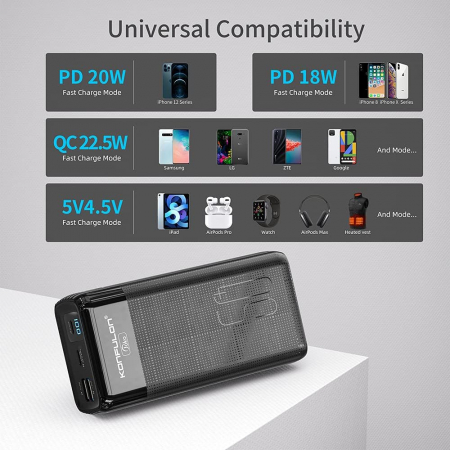 Acumulator extern 50000 mAh negru Konfulon A24Q, cu display, 2 iesiri USB + 1 iesire Type C, 22.5W Fast Charge PD [3]