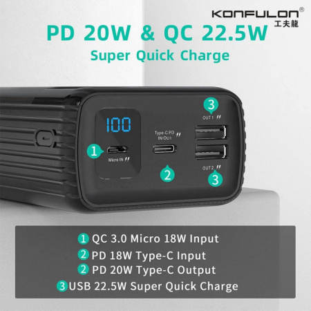 Acumulator extern 50000 mAh negru Konfulon A24Q, cu display, 2 iesiri USB + 1 iesire Type C, 22.5W Fast Charge PD [2]