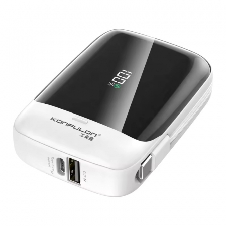 Powerbank - Powerbank compact cu display 10000 mAh alb Konfulon A33Q, 2 cabluri Type-C + Iphone + 1xUSB Type-C + 1xUSB-A