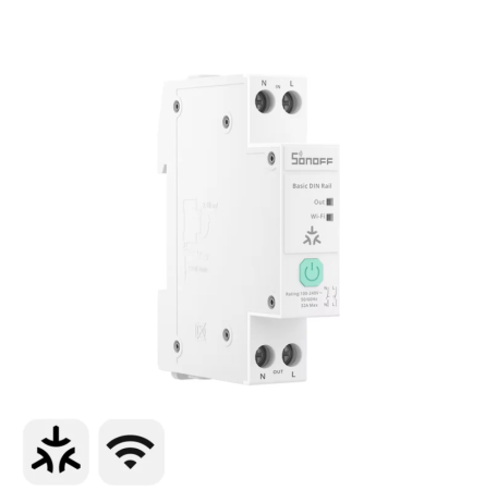 Relee WiFi - Intrerupator smart SONOFF pe sina DIN 32A, 7680W, monitorizare energie, protectie suprasarcina, compatibil Matter, Wi-Fi, Apple Home, Google Home, Alexa si SmartThings (BASIC-1GSP)