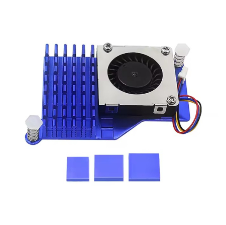 Robotica - Cooler Raspberry Pi 5 cu radiator aluminiu si ventilator PWM 30x30, paduri termice, albastru