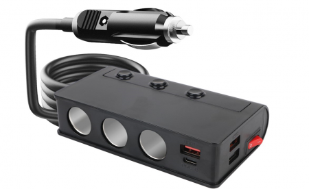 Adaptoare casetofon / antene - Adaptor priza auto cu 3 porturi, 180W, QC 3.0, 3 x USB, 1 x Type-C, Afisaj display voltaj, Incarcare rapida, 12V/24V, Negru