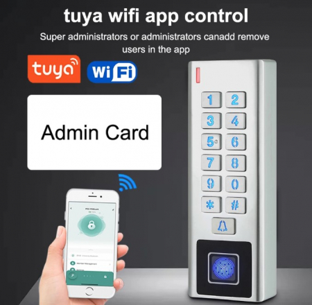 Tastatura control acces biometric TUYA WiFi, RFID, PIN, amprenta, carcasa metalica, IP66, standalone [2]