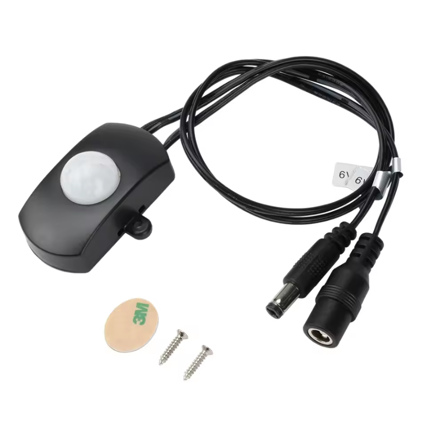 Senzor de miscare PIR PirLed cu mufe DC tata-mama si accesorii de fixare