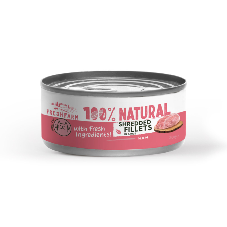 Pisici - Hrana umeda pisici, Fresh Farm Shredded fillets in sauce with ham and chicken, 85 g