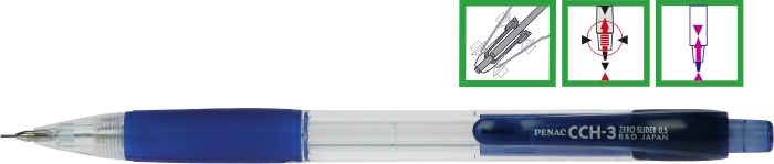 Creion mecanic PENAC CCH-3, rubber grip, 0.7mm, varf metalic, corp transparent - accesorii albastre [1]
