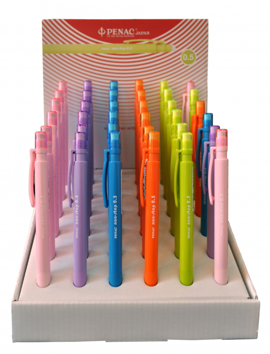 Display creioane mecanice PENAC Non-Stop, rubber grip, 0.5mm, 36 buc/display - culori corp asortate [1]