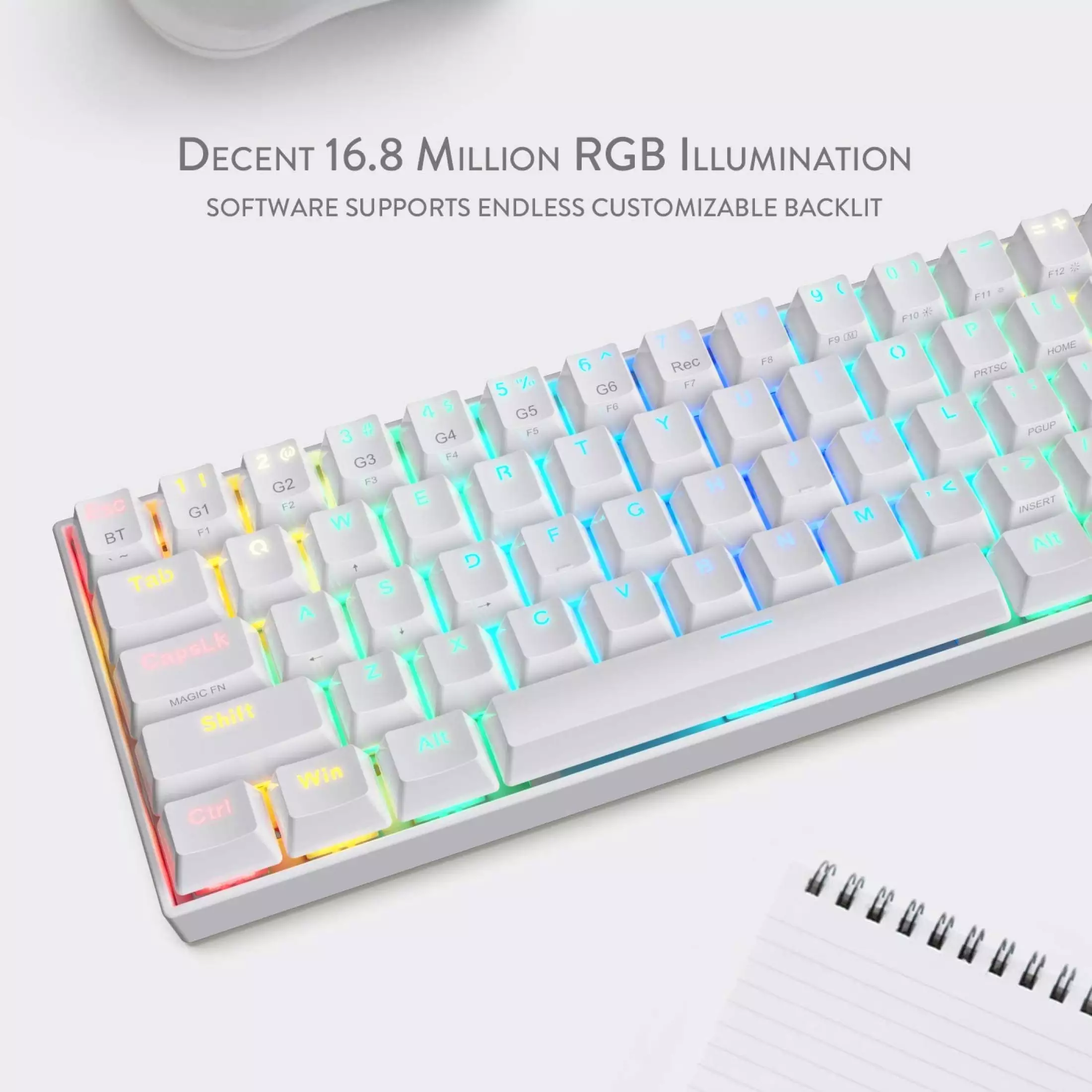 Tastatura gaming mecanica Redragon Draconic, format 60%, iluminare RGB, Bluetooth, USB-C, switch-uri Outemu Brown, Alb [8]