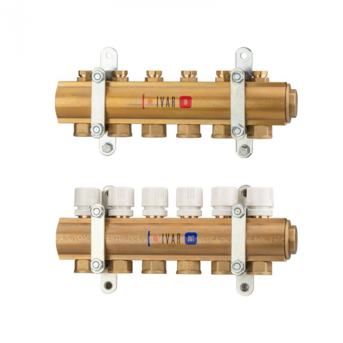 Set distribuitor tur-retur alama, 9 cai, 1 1/2" x 3/4“ F, A=120 mm, insertie termostatata pe retur, console, dopuri, KC 005 [1]