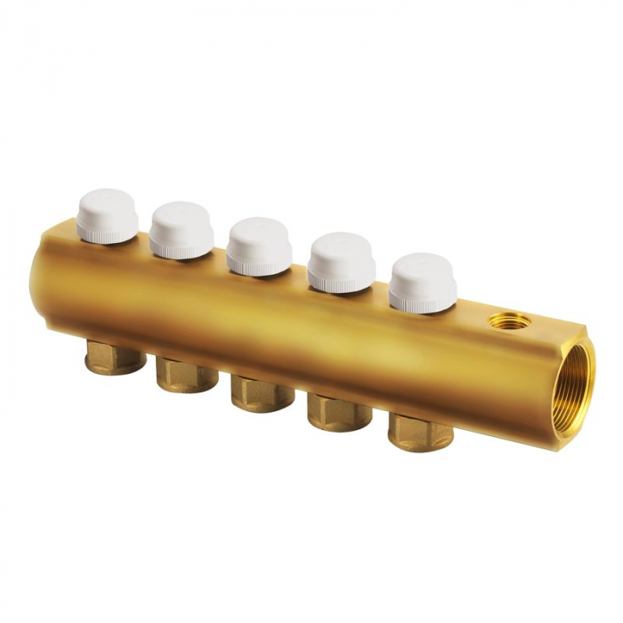 Distribuitor retur alama cu insertii termostatabile, 7 circuite, 1“1/2 x 3/4“ F, iesire ventil si robinet, CI 555 C [1]