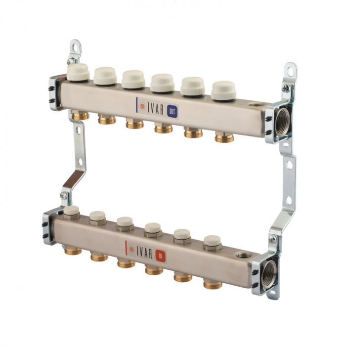 Set distribuitor tur-retur, 8 cai, 1" x EK, A=110 mm, insertie termostatabila cu capac de protectie, cu iesiri pentru ventil aerisire si robineti golire, CI 585 C [1]
